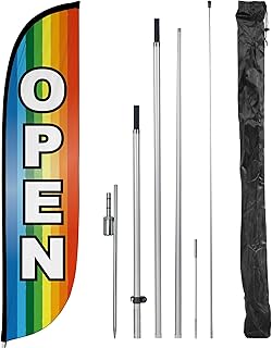 LookOurWay Feather Flag Pole Kit - 12 Feet Tall Advertising Flag Banner with Fiberglass Pole Kit and Ground Spike for Business Promotion - Grand Opening Flags - Open Rainbow (10M1200272)