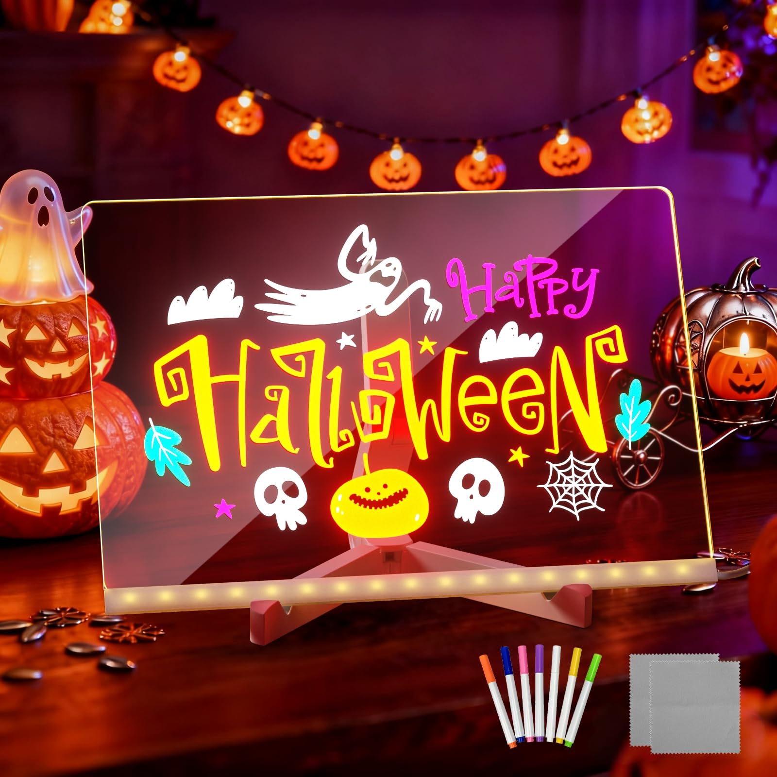 LED Drawing Board 11.9"x7.9" Acrylic Light-Up Board with Stand, 7 Markers & 2 Cleaning Cloths, Erasable Reusable Writing & Drawing Board, Educational Toy for Kids, Gift for Home & Holidays