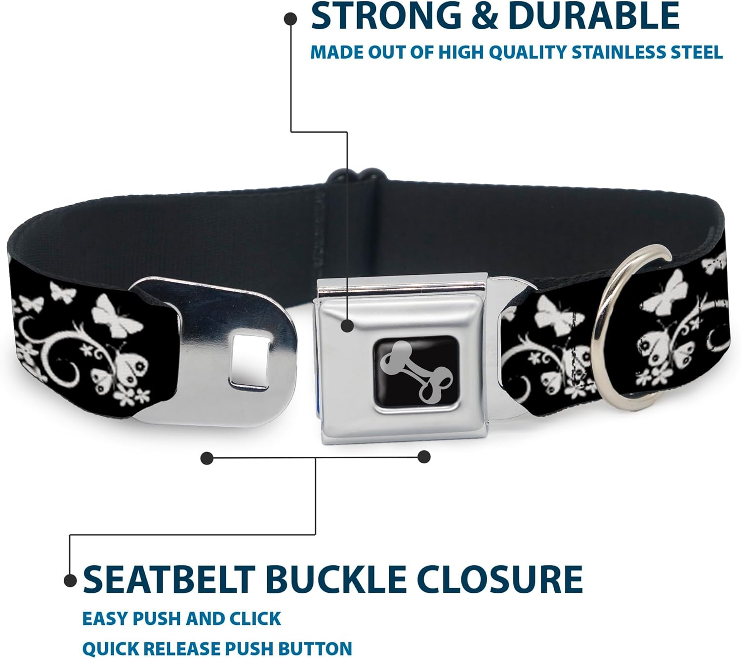 Buckle-Down Seatbelt Buckle Dog Collar - Butterfly Garden Black/White - 1" Wide - Fits 15-26" Neck - Large