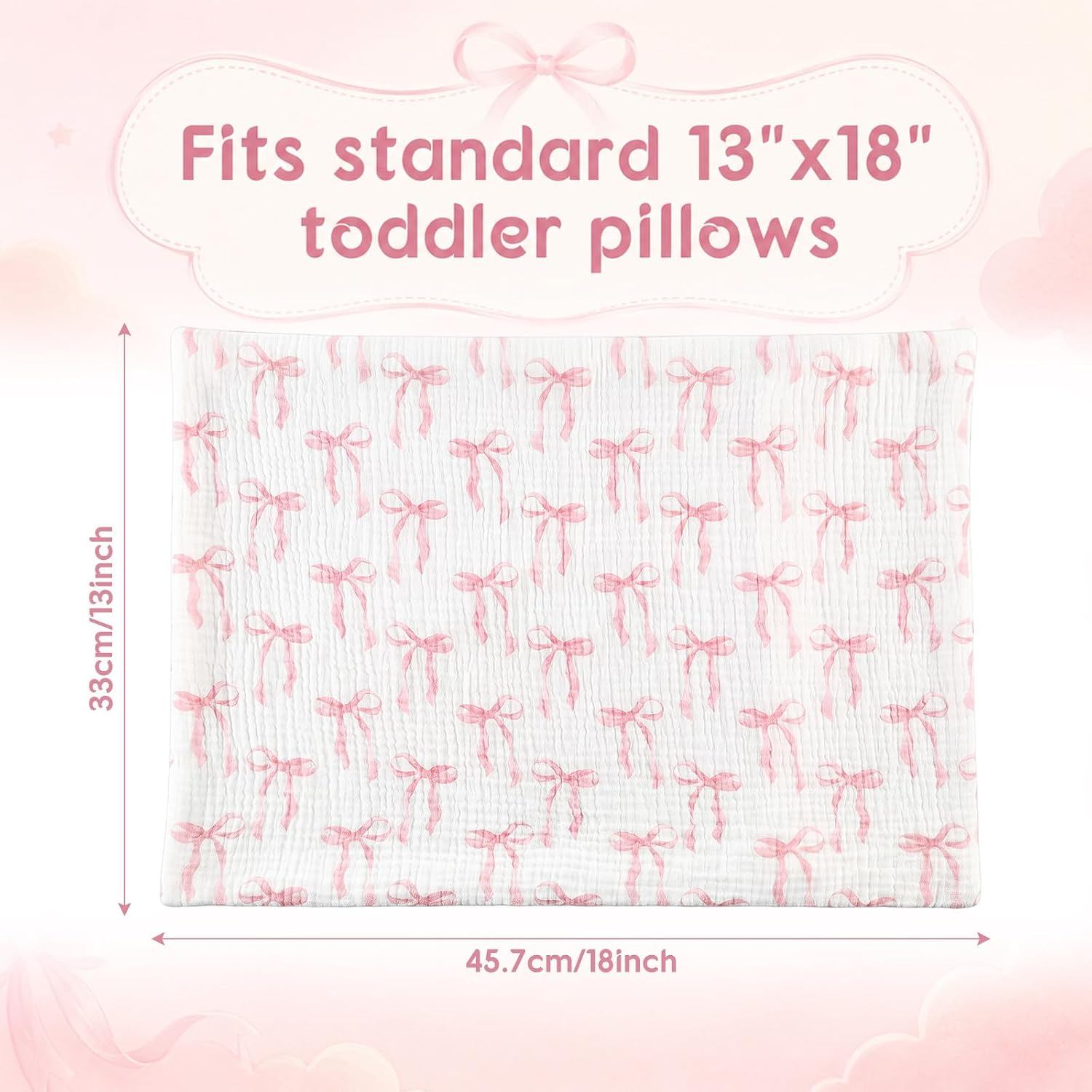 Breling 2 Pack Muslin Toddler Pillowcases 13" x 18" 100% Cotton Soft & Breathable Toddler Pillow Case, Pink Coquette Bow Pillow Covers with Envelope Closure for Girls Baby