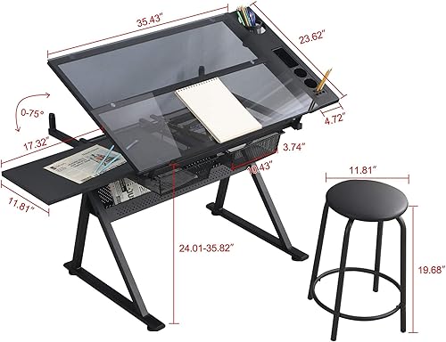 Miniatura 2 de Mesa de dibujo de dibujo de dibujo de altura ajustable, mesa de arte, manualidades, escritorio, mesa de vidrio inclinable, mesa de trabajo, mesa de