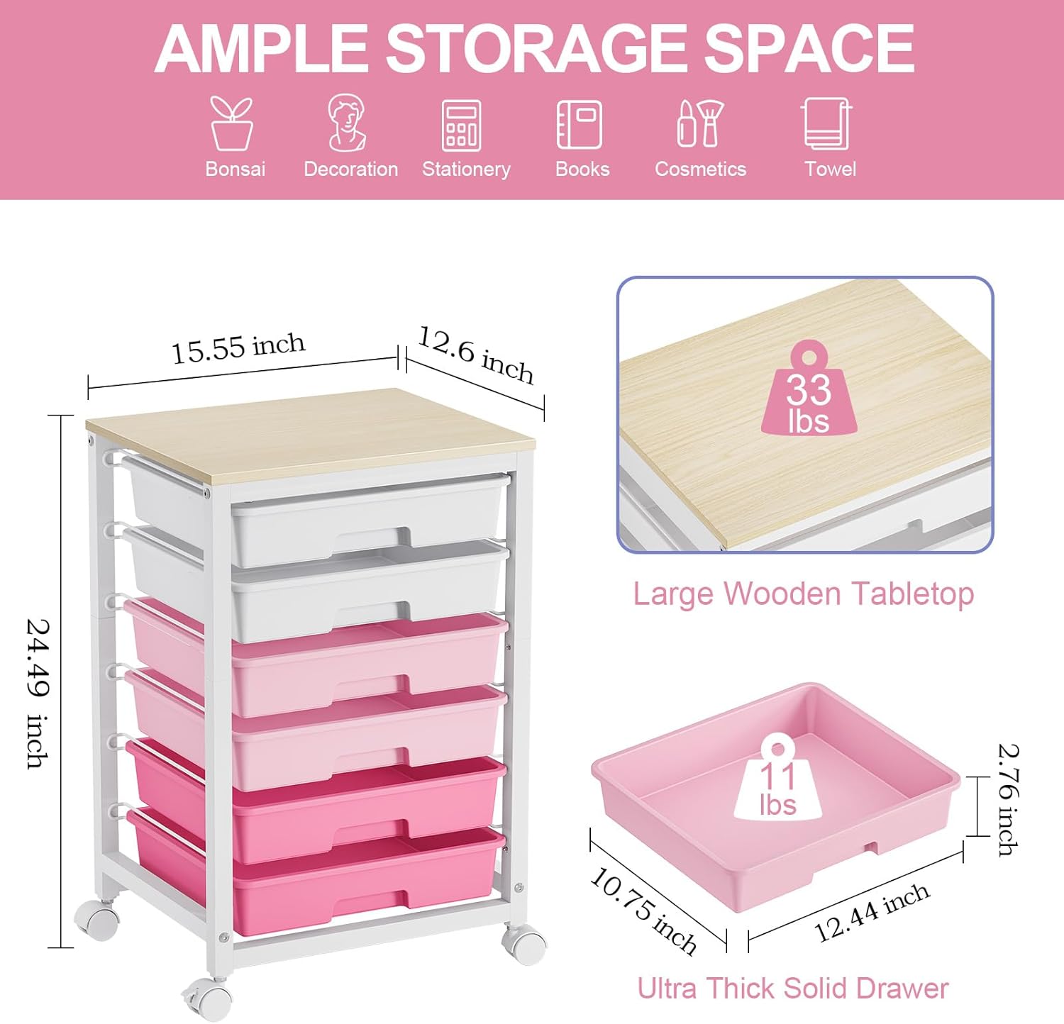 Rolling Cart with Drawers,Utility Cart with 6 Drawers,Rolling Storage Cart with Drawers and Wooden Tabletop & Lockable Wheel,Pink