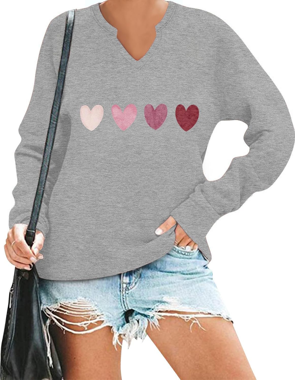 Ymoshoe Women V-Neck Valentine Sweatshirt Love Heart Elbow Patch Shirts Gift for Her - Image 2