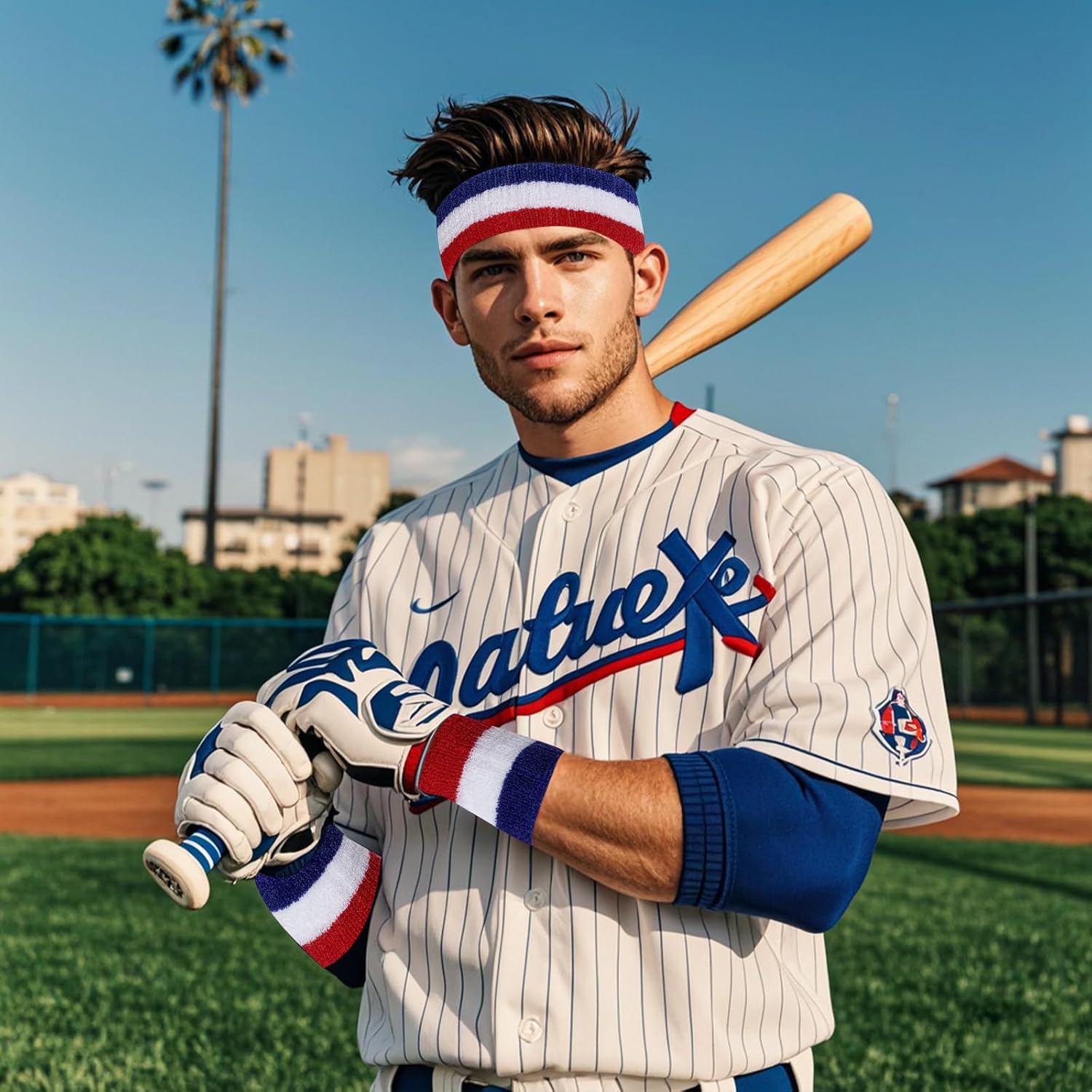 Sucrain 5 Pieces Striped Sweatbands and Socks Set, Sports Sweatbands Wrist Sweat Bands Red, White& Blue High Tube Socks 80s Accessories Costumes for Men Women - Image 5