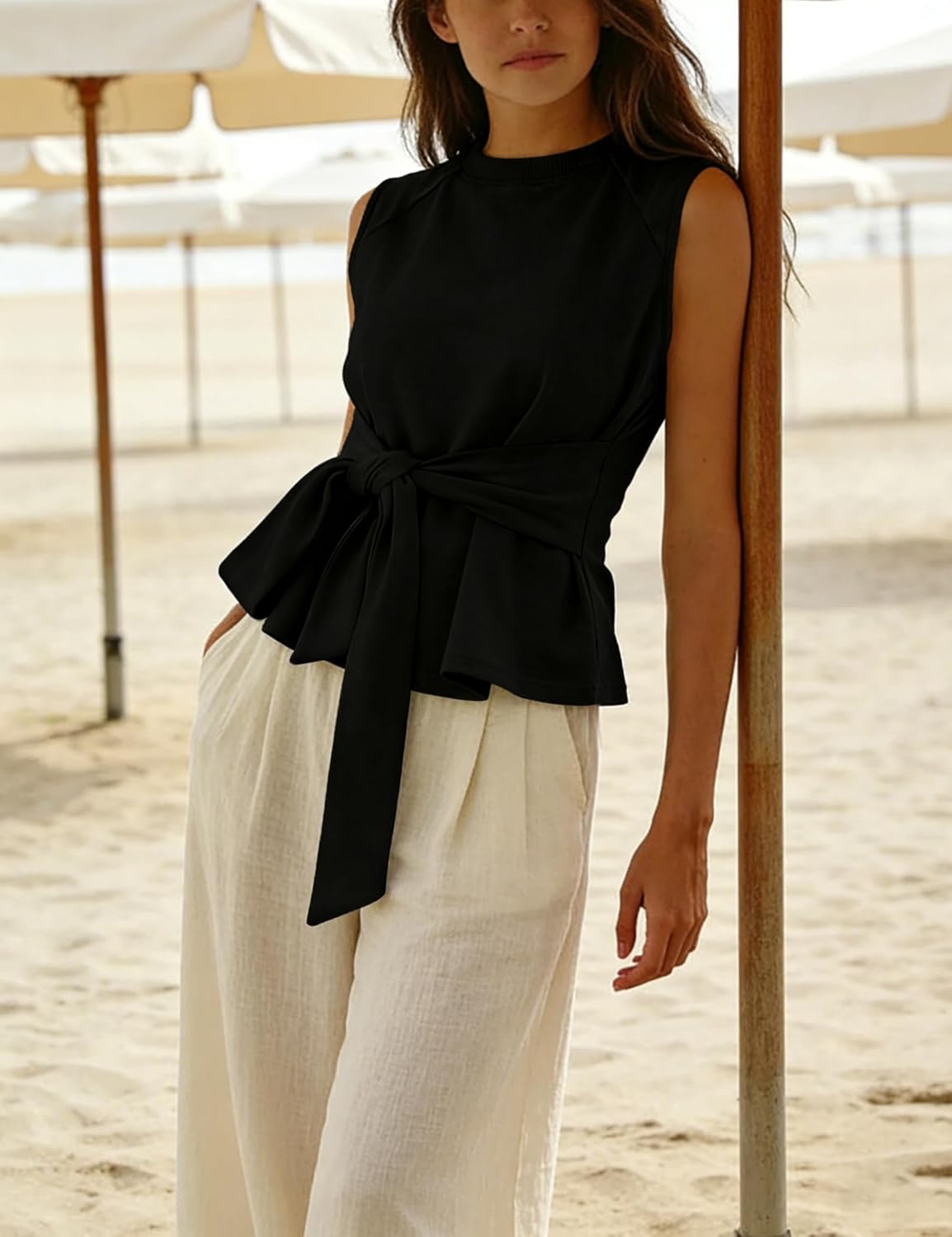 Zhiyouni Women's Summer Sleevesless Tops Vest Sweatshirt Workout Crewneck Tie Knot Wrap T Shirt Tee