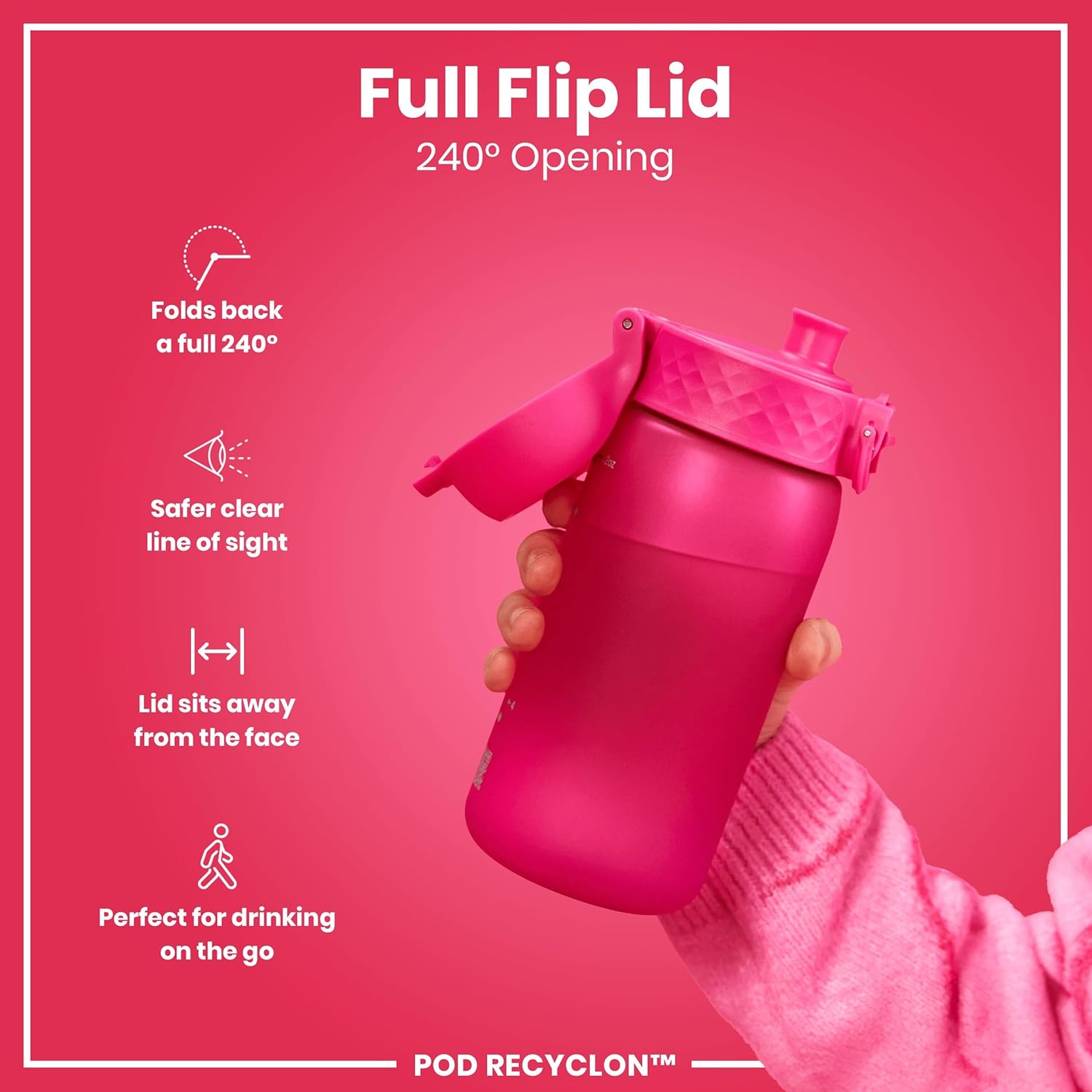 Ion8 Small Water Bottle, 350 ml/12 oz, Leak Proof, Easy to Open, Secure Lock, Dishwasher Safe, BPA Free, Carry Handle, Hygienic Flip Cover, Easy Clean, Odor Free, Carbon Neutral, Hot Pink - Image 4