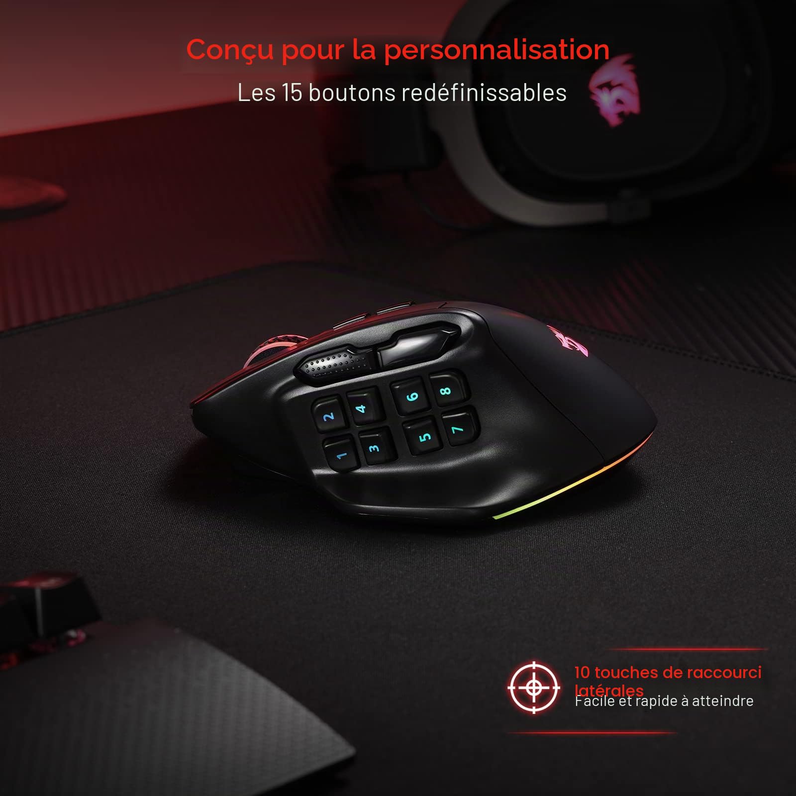 Redragon M811 Pro Souris MMO sans Fil RVB 15 Boutons