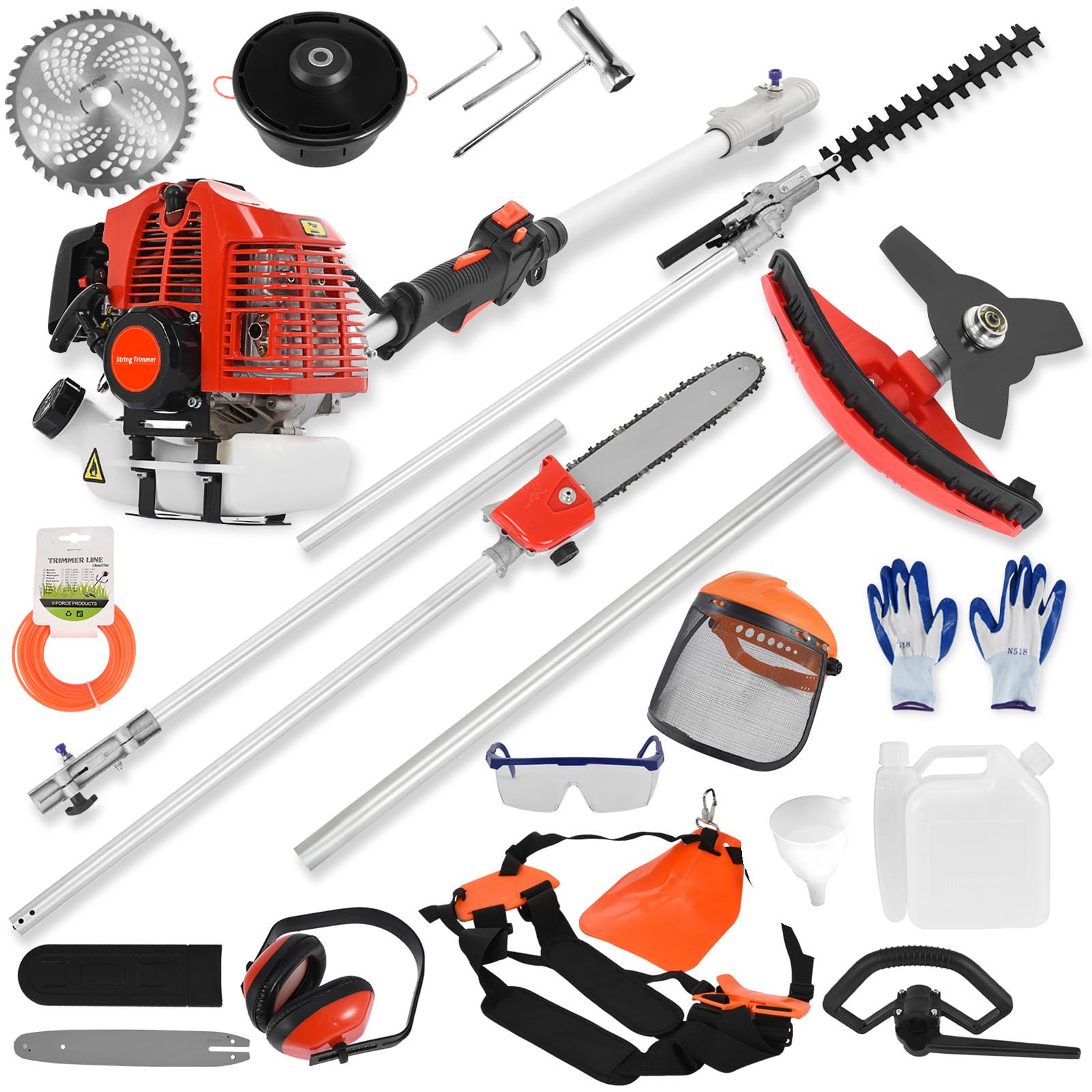 Washranp 52cc Long Reach Petrol Garden Multi Tool - 2 Stroke Petrol Strimmer - 380mm Extendable Hedge Trimmer - 400mm Grass Strimmers - 134cm Extension Poles - Brush Cutter - Pruner Chainsaw Red
