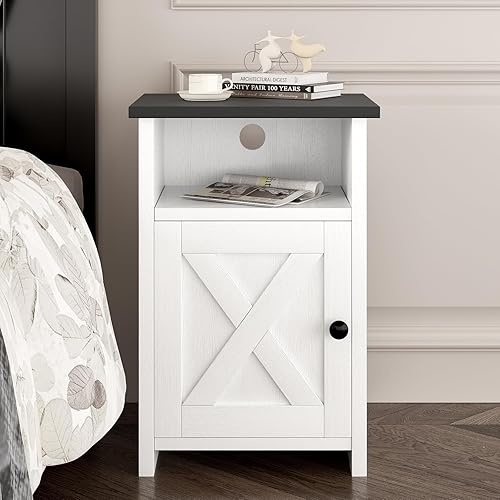 Miniatura 3 de Juego de 2 mesas auxiliares de granja, mesitas de noche con puerta de granero y estante de almacenamiento, mesa auxiliar de cama blanca rústica para