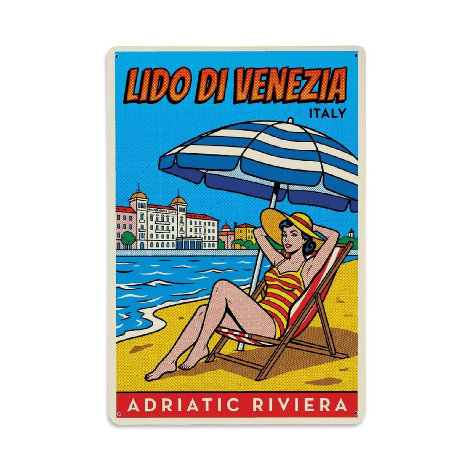 Olhnbad Style Lido Di Venezia Italy Adriatic Pop Art Coastal Travel Metal Tin Sign