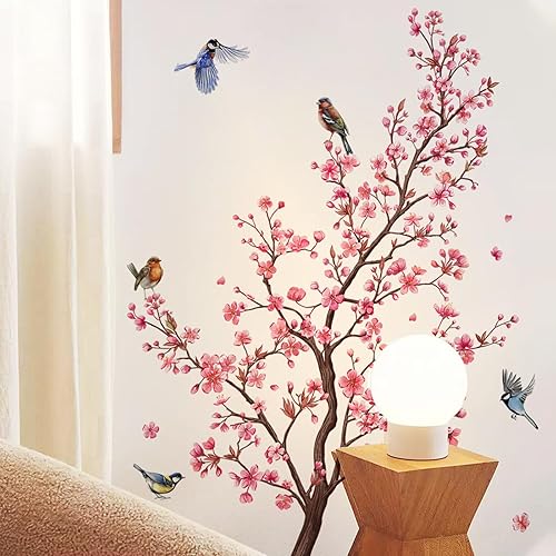 Miniatura 5 de Calcomanías de pared de árbol de flores rosadas, calcomanías de pared de pájaros en ramas, decoración de pared floral rosa, calcomanías de pared