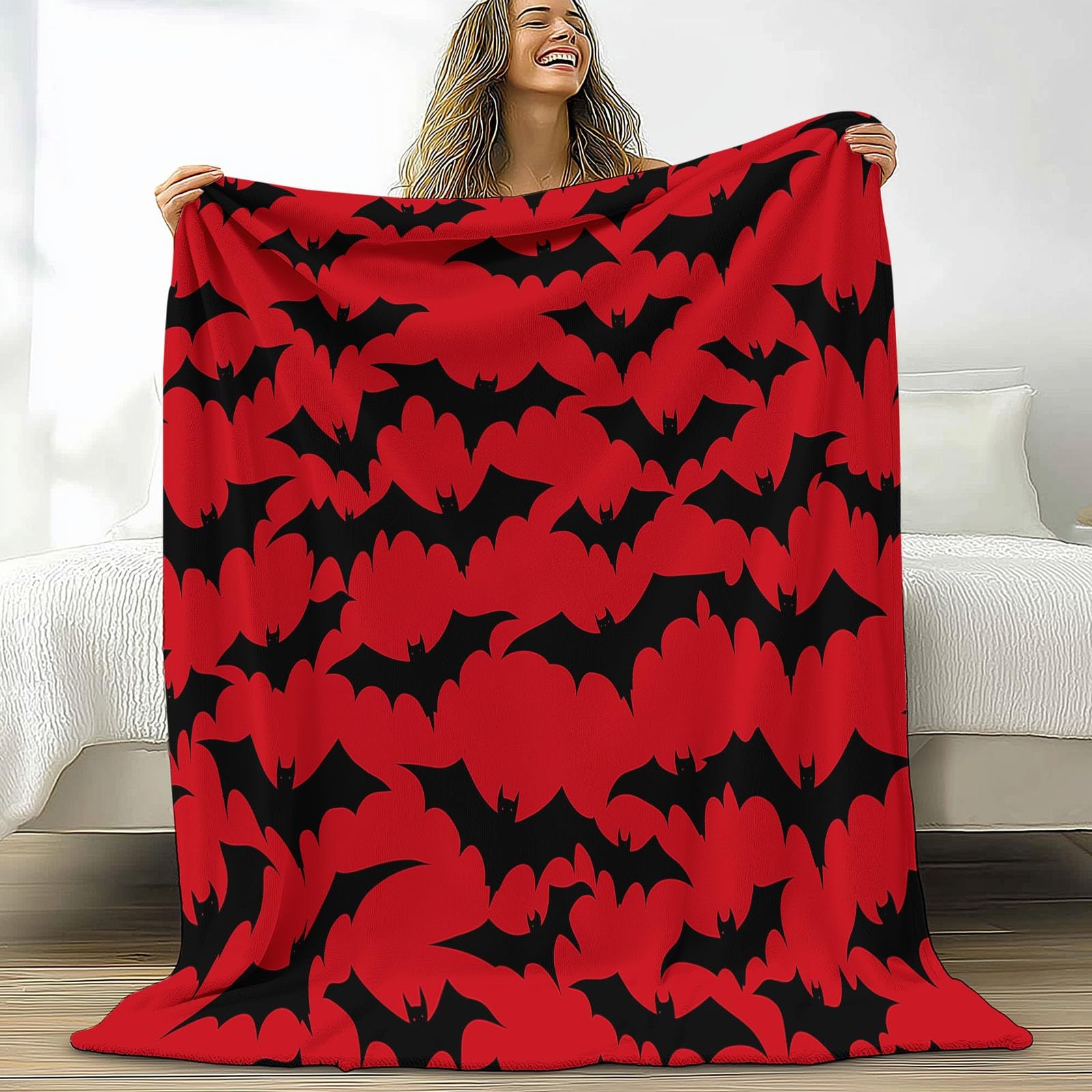 Genérico Koc flanelowy nietoperze Halloween Koce Sherpa 220 x 240 cm Miękki Ciepły Koce z Mikrofibry, Czerwony Sofa Koc Wełniany Kemping Sypialnia Salon Wystrój Domu