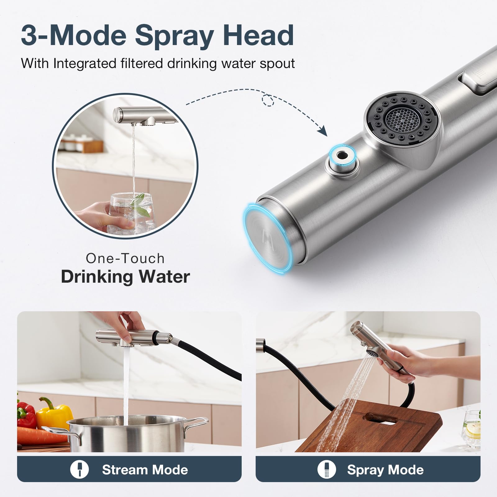 Grifo para Fregaderode Cocina de 3 Vías con Ducha extensible de 3 Funciones, Grifo de Cocina para Filtro de Agua, Sistemas de Ósmosis, Acero inoxidable cepillado
