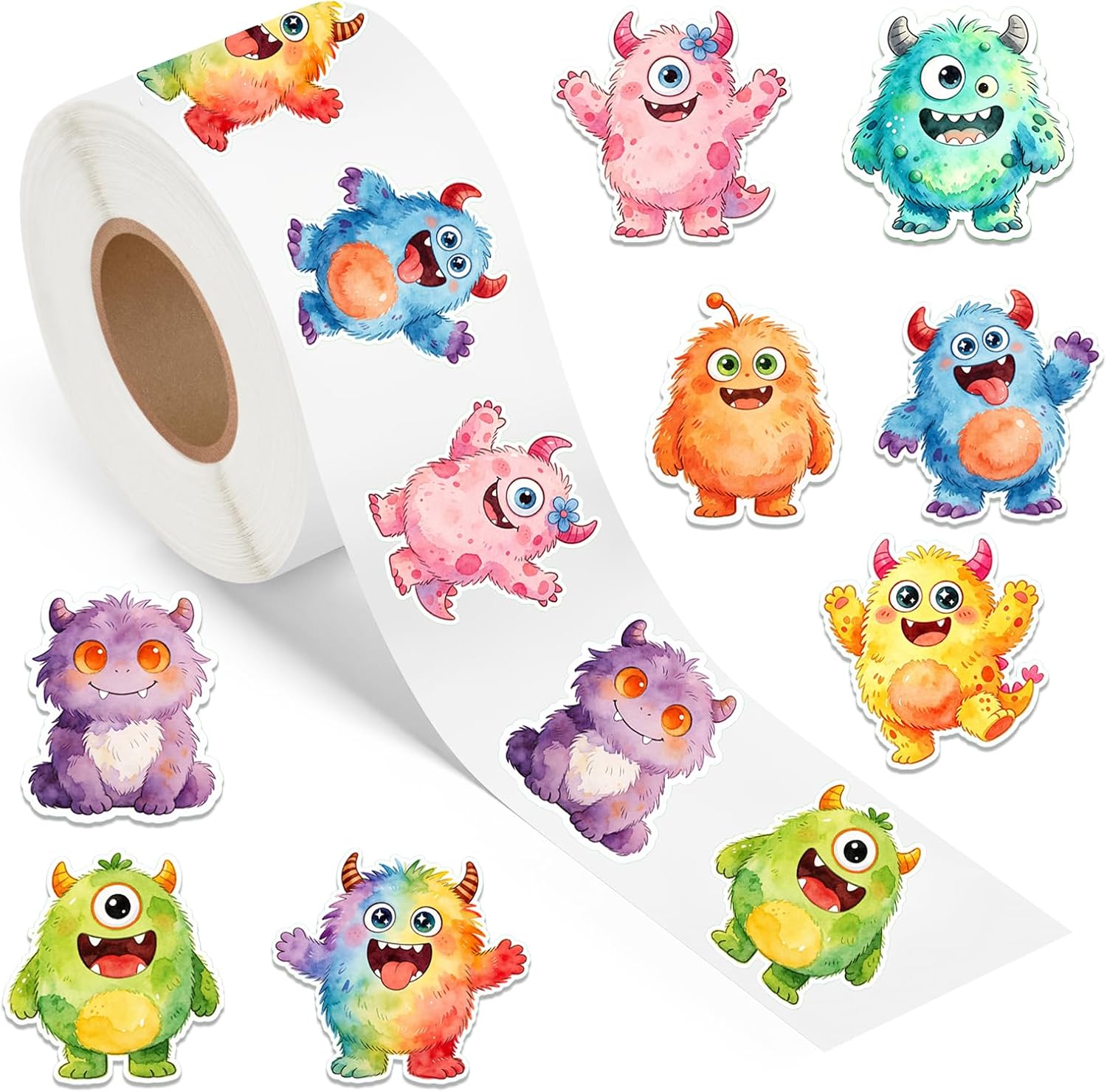 1.5 inches 500pcs Cute Monster Stickers Roll, Waterproof Watercolor Creature Decals, 8 Designs for Water Bottles, Laptops, Journals, Scrapbooking, Party Favors, DIY Crafts, Gift Seals