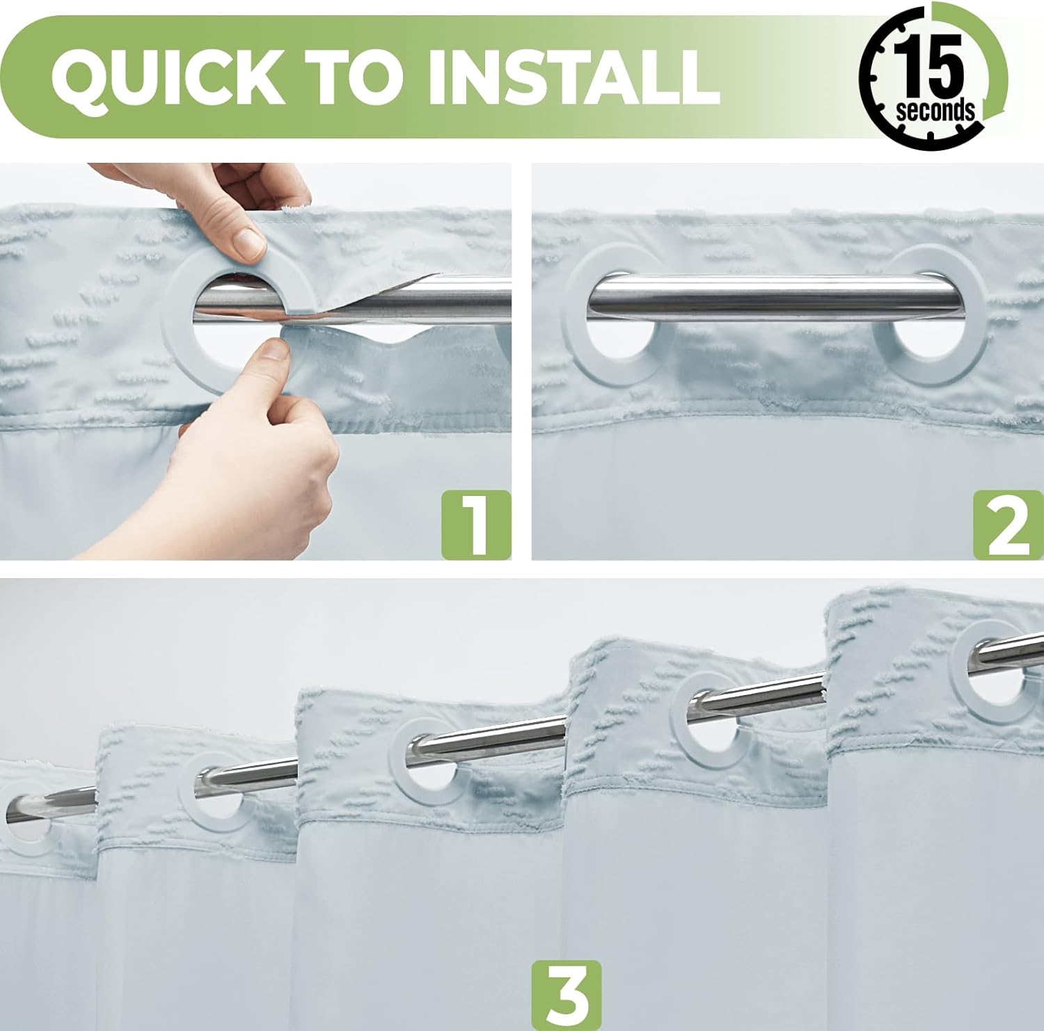 Extra Long No Hook Shower Curtain with Snap in Liner, Tufted Chevron Striped Shower Curtain Set for Bathroom, Boho Waterproof and Washable Shower Curtains, 71Wx86H, Fog Blue