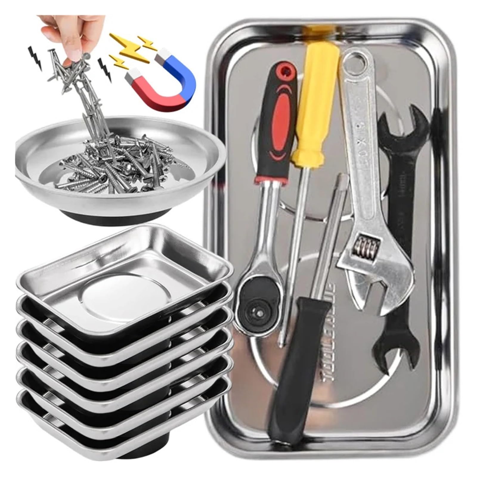 Bandejas Magnéticas Rectangulares De Acero Inoxidable, Piezas Pequeñas, Pernos, Tuercas, Bandeja Tornillos, Organizador Herramientas Metal, Soporte Placa para Herramientas, Tornillos | Square-L,4PCS