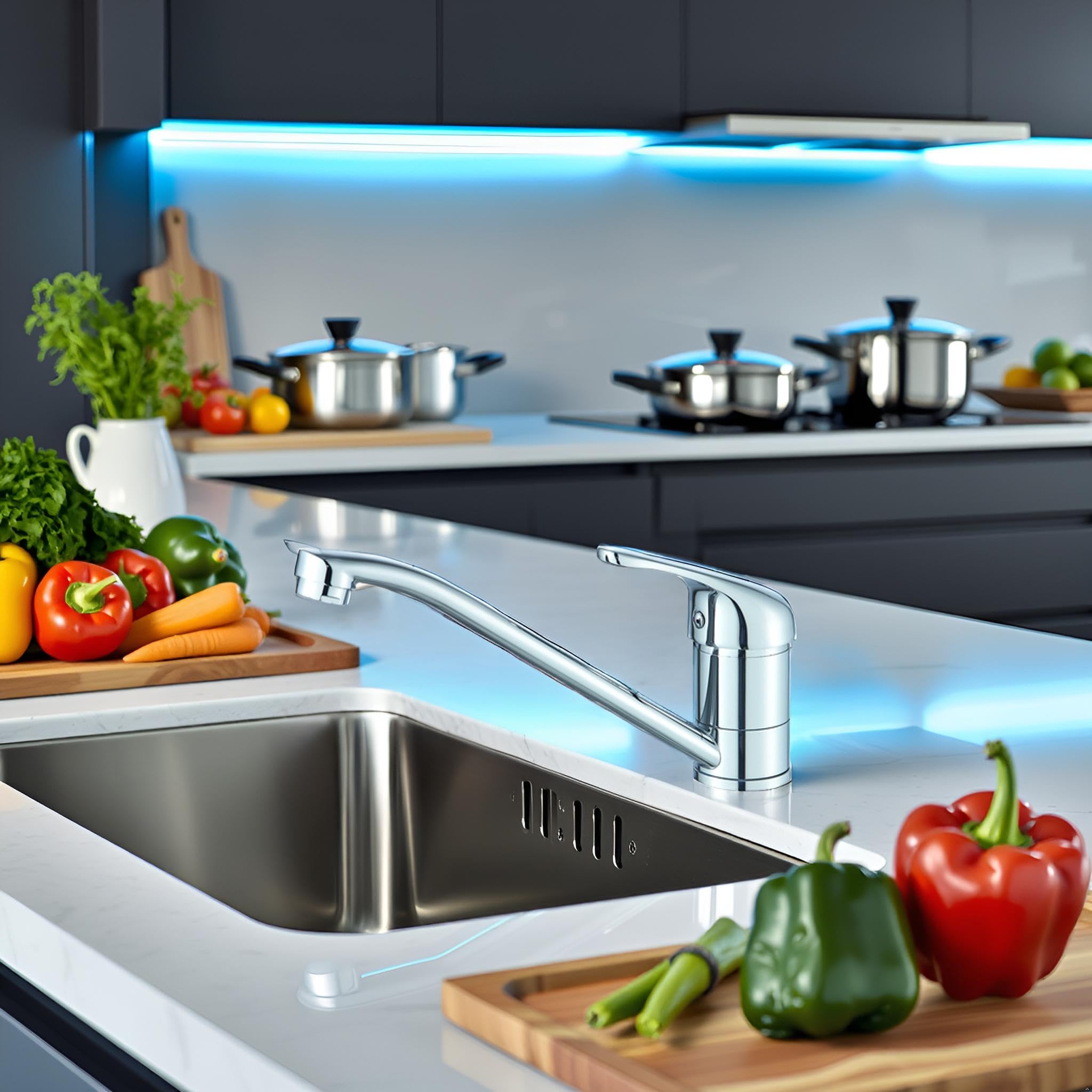 CATA Grifo De Cocina CBB CROMO/D Monomando Caño Bajo Giratorio 360º Acero Inoxidable Aireador Anticalcáreo Cartucho Cerámico Reductor Caudal 5L Apertura En Frío Conexión Flexible Acabado Inox