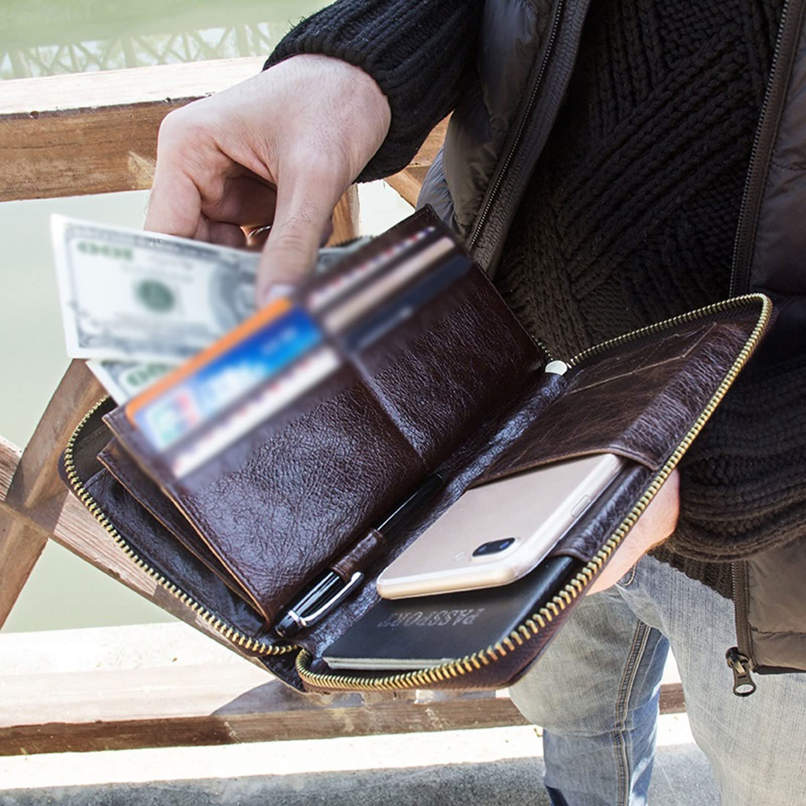 Męskie portfele ze skóry bydlęcej, etui na co dzień, etui na karty, portmonetka na zamek błyskawiczny, etui na paszport, etui na telefon, długi portfel męski (czarny)