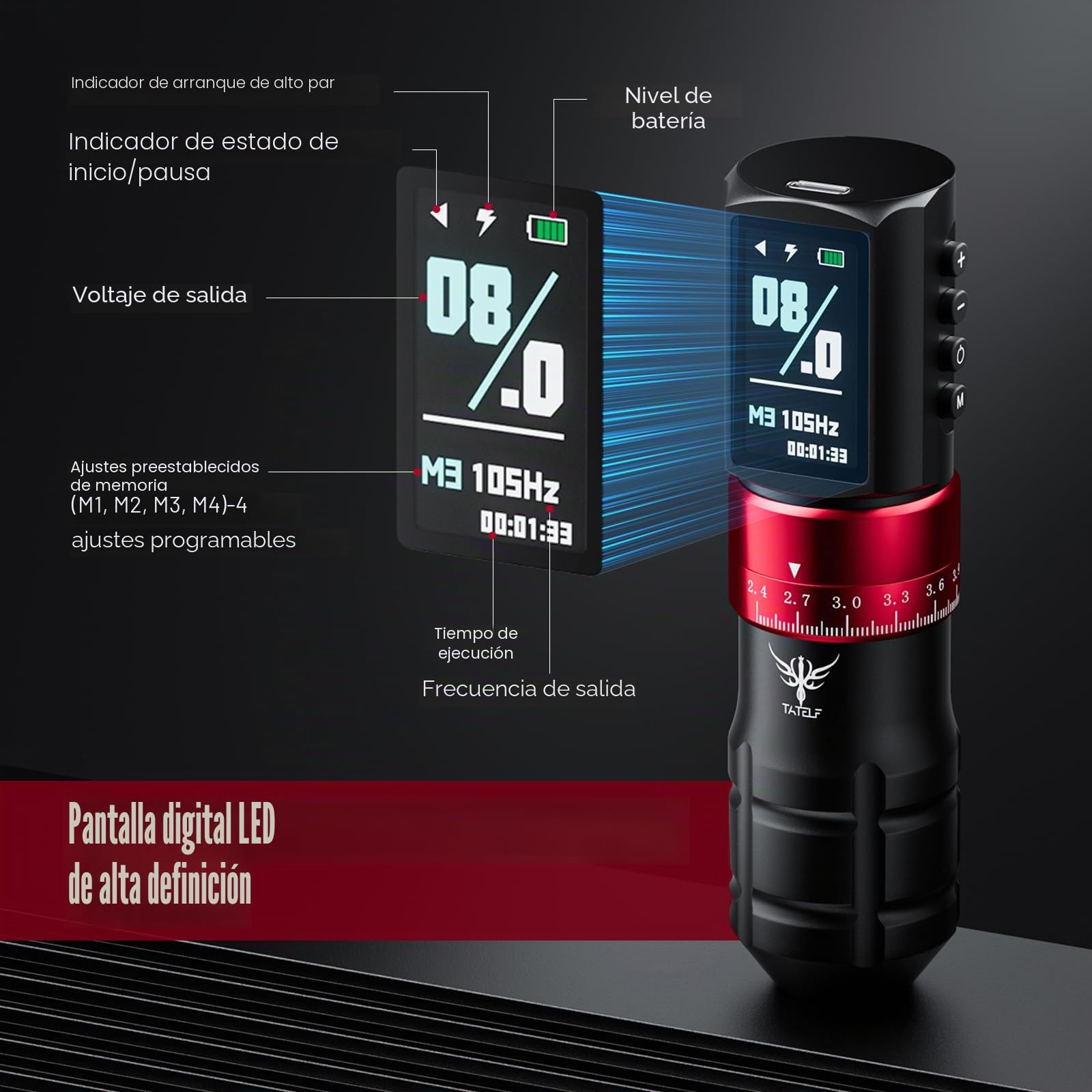 TATELF Kit Inalámbrico, Máquina Rotativa Profesional para Principiantes y Artistas, Pantalla LCD, 7 Vel, Batería 2300mAh, 20 Cartuchos, 10 Tintas