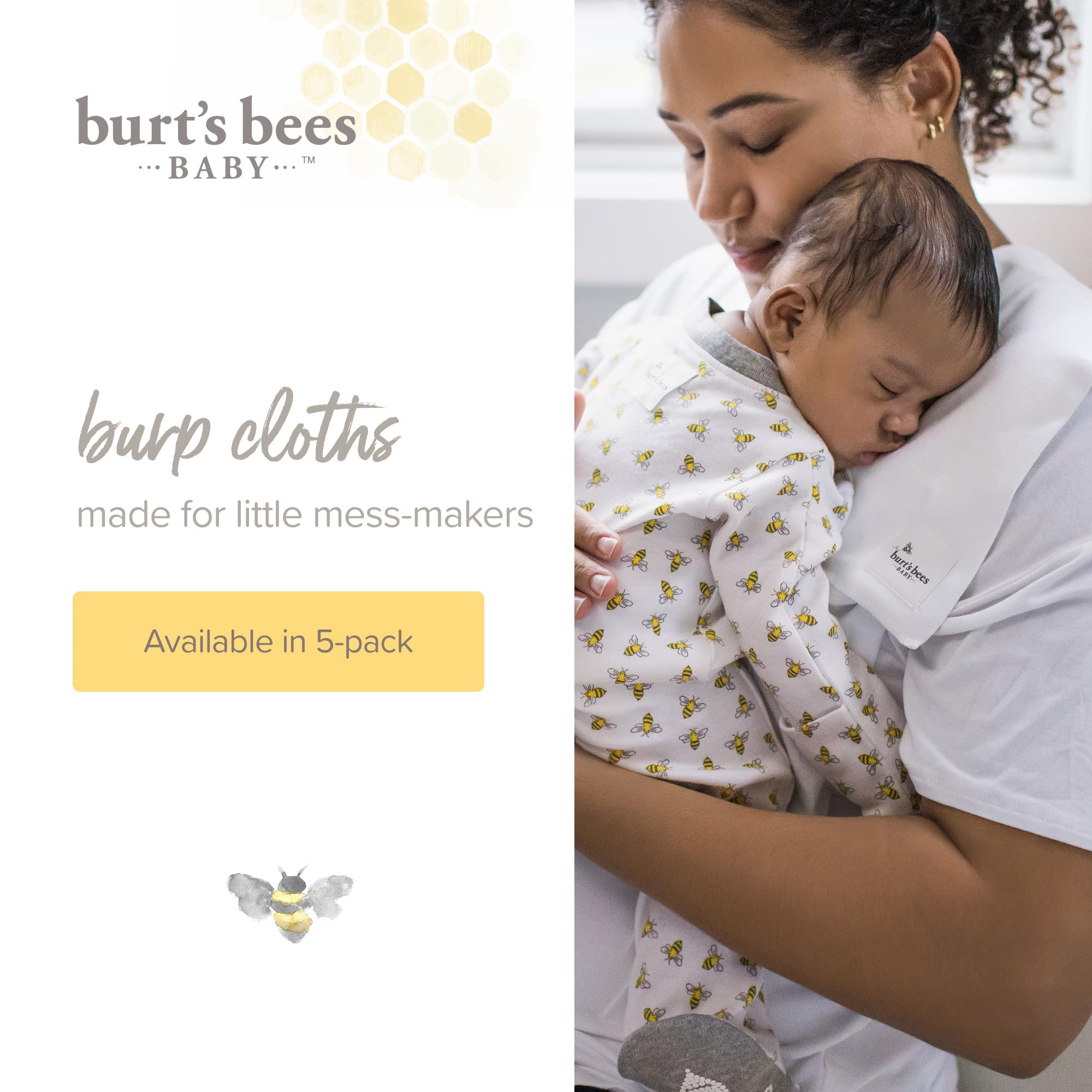 Burt's Bees Baby Lätzchen für Säuglinge, 100% Bio-Baumwolle, extra saugfähig und weich, unverzichtbar für Neugeborene, Einheitsgröße, 43,2 x 29 cm, 5 Stück
