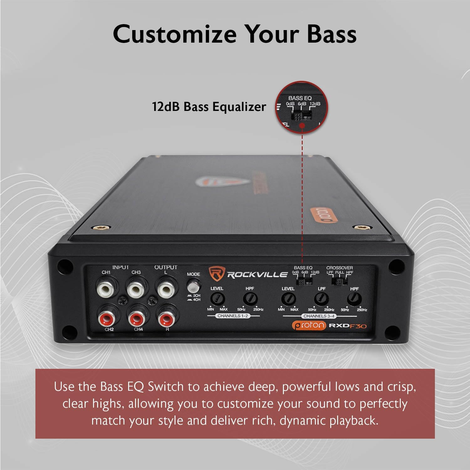 Rockville RXD-F30 2400W 4-Channel 2-Ohm Micro Car Amplifier, Dyno-Certified, MOSFET, Adjustable Crossover, Water-Resistant, Perfect for Car Audio