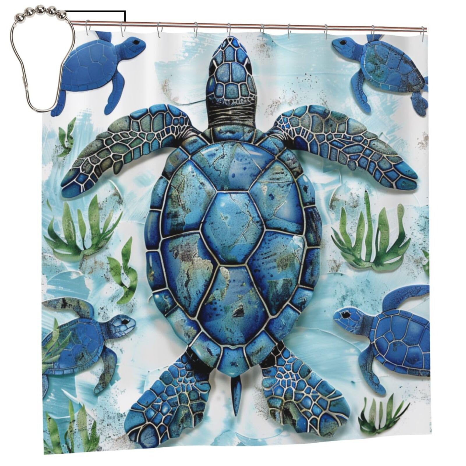 BWWHCCTI Sea Turtle-Blue Printed Shower Curtain With 12 Iron Hooks Opaque Quick Drying Waterproof Shower Curtains Sets For Bathroom 183x183 CM