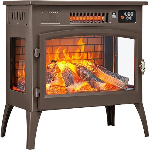 24″ Freestanding Electric Fireplace Stove with 3D Flame Effect and 6 Flame Color, 1000/1500W Infrared Fireplace Stove, 5200 BTU Electric Fireplace Heater with Remote and Timer for Indoor, Brown