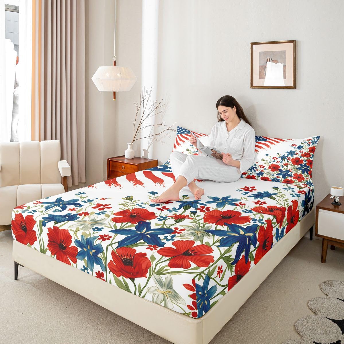 Manfei Juego de sábanas bajeras de 3 piezas con diseño de bandera estadounidense, diseño de flores de acuarela, estilo patriótico y rústico con 2 fundas de almohada, decoración de habitación infantil