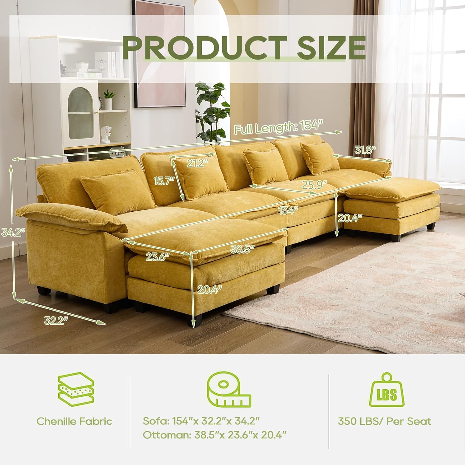 IPKIG 154" Modular Sectional Sofa Cloud Couch, Chenille Large U-Shaped Couch Comfy Upholstered 4-Seat Sofa with 2 Ottoman, 4 Lumbar Pillow, Deep Seat Sofa for Living Room (Yellow)