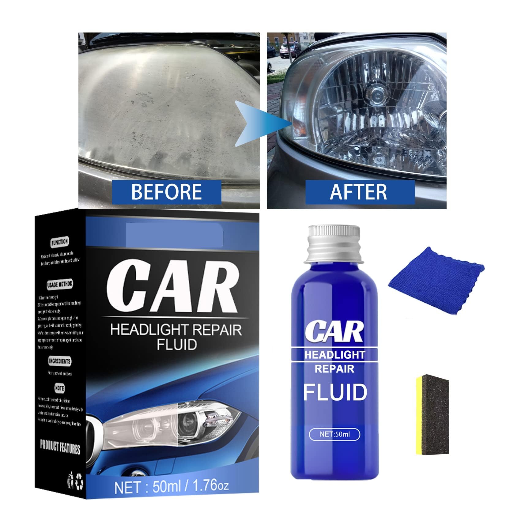 NALACAL Car Headlight Repair Fluid, Headlight Polish, Headlight Restoration Kit, Headlight Cleaner and Restorer Kit, Instantly Remove Oxidation, Dirt & Haze (50ML,1 Set)