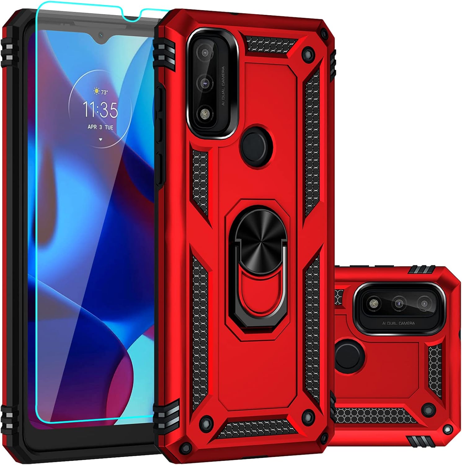 SKTGSLAMY Case for Moto G Pure Case,Moto G Power 2022 Case,with HD Screen Protector, [Military Grade] 16ft. Drop Tested Cover with Magnetic Kickstand Car Mount Protective Case for Moto G Pure, Red
