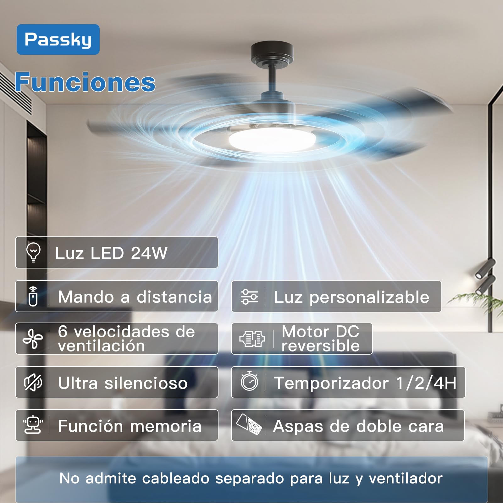 Passky Ventilador de Techo con Luz LED Mando 132cm Silencioso Negro | 5 Aspas Doble Face Temporizador Motor DC 3 Luces Regulables 6 Velocidades Reversible Verano Invierno Int/Ext Salón Dormitorio