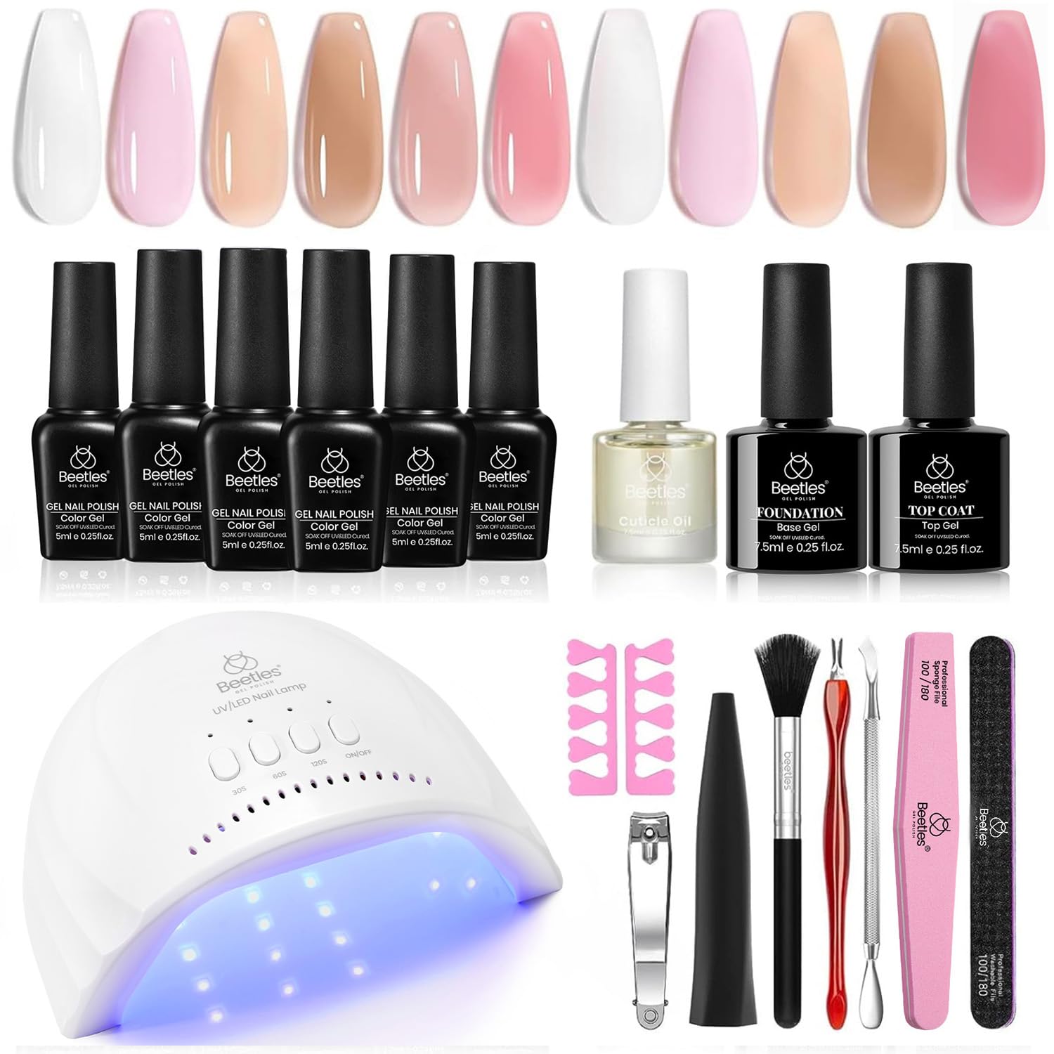 Beetles Gel Nail Polishes Starter Kit, 6 Colors Nail Salon Set with 48W UV Nail Lamp, Transparent Jelly Milky White Pink Nude Gel Nail Polish with Base Top Coat Nail Nail Art Manucure Gift
