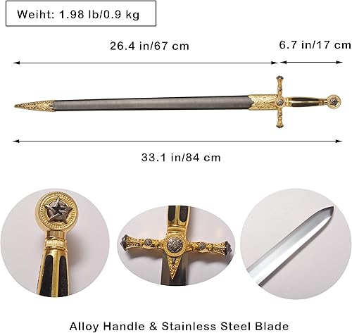 Miniatura 2 de Espada medieval de acero inoxidable con estrella de David para cosplay, colección, 33.1 pulgadas