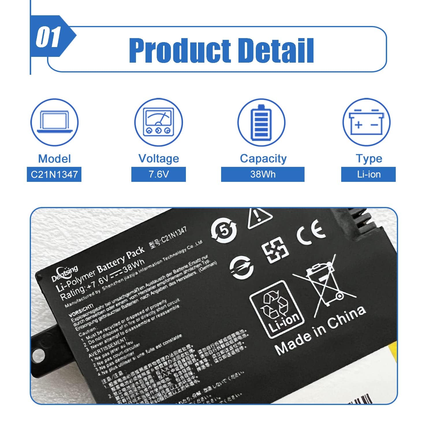 Dentsing C21N1347 Battery Replace for ASUS X555 X555LA X555LD X555LN X555L X555LB X555LF X555LI X555LJ X555LP X555U X555SJ X555YI A555 A555L F555 X555LD4030 A555LD4210 Series 2ICP4/63/134 7.6V 38Wh