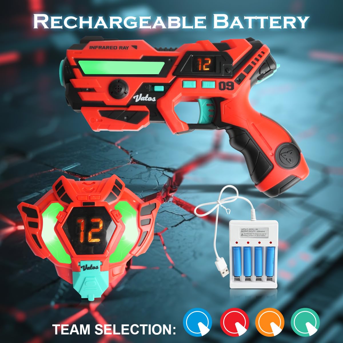 VATOS Recargable Laser Tag Set 4 Packs - En Tiempo Real de Datos Sync Infrarrojos Laser Tag Sets, 4 Jugador Lazer Tag Juego de Disparos para Niños Adolescentes Edad 6-12 años