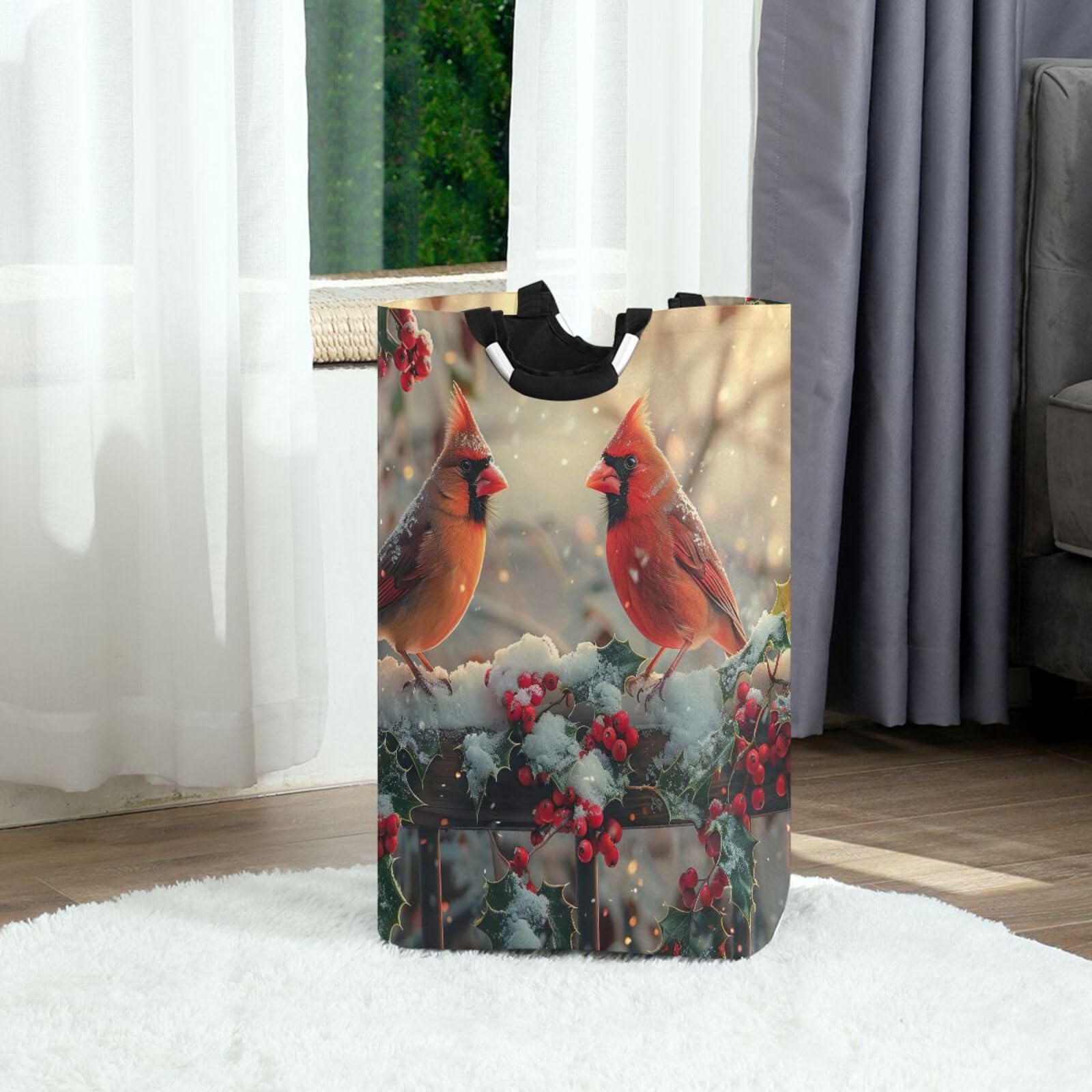 Jihqo Laundry Hamper Basket Christmas Cardinal Bird Collapsible Nursery Storage Bin Waterproof Clothing Baskets for Home Bedroom Bathroom Washing Room