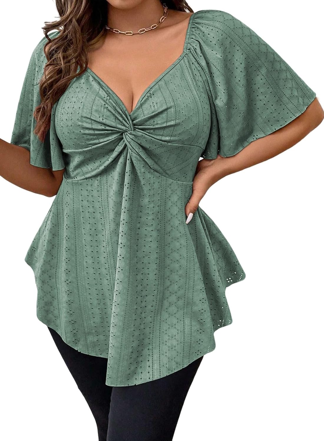 Eytino Womens Plus Size Tops Twist Front V Neck Short Sleeve Eyelet Embroidery Summer Loose Blouse Shirts(1X-5X)