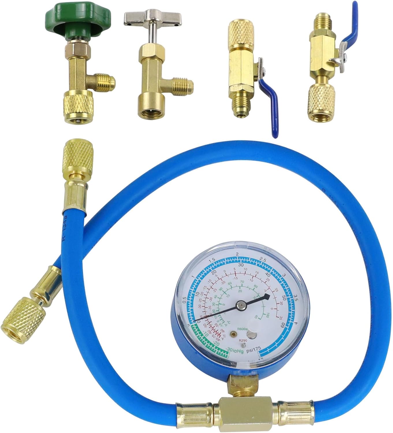 R290 and R600A Charging Hose and Gauge Set with Can Tap and Shut Off Valves