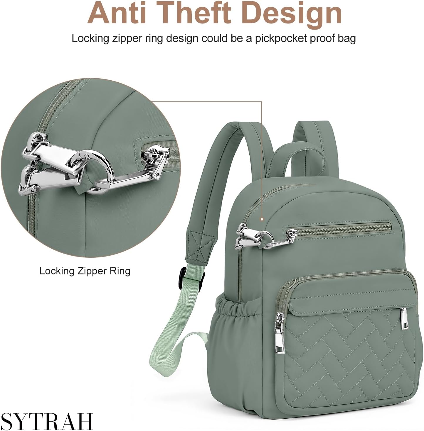 Mini Backpack for Women Small Backpack Purse, Anti Theft Backpack Waterproof Lightweight Puffer Back packs for Travel, Work with Coin Purse Green - Image 5