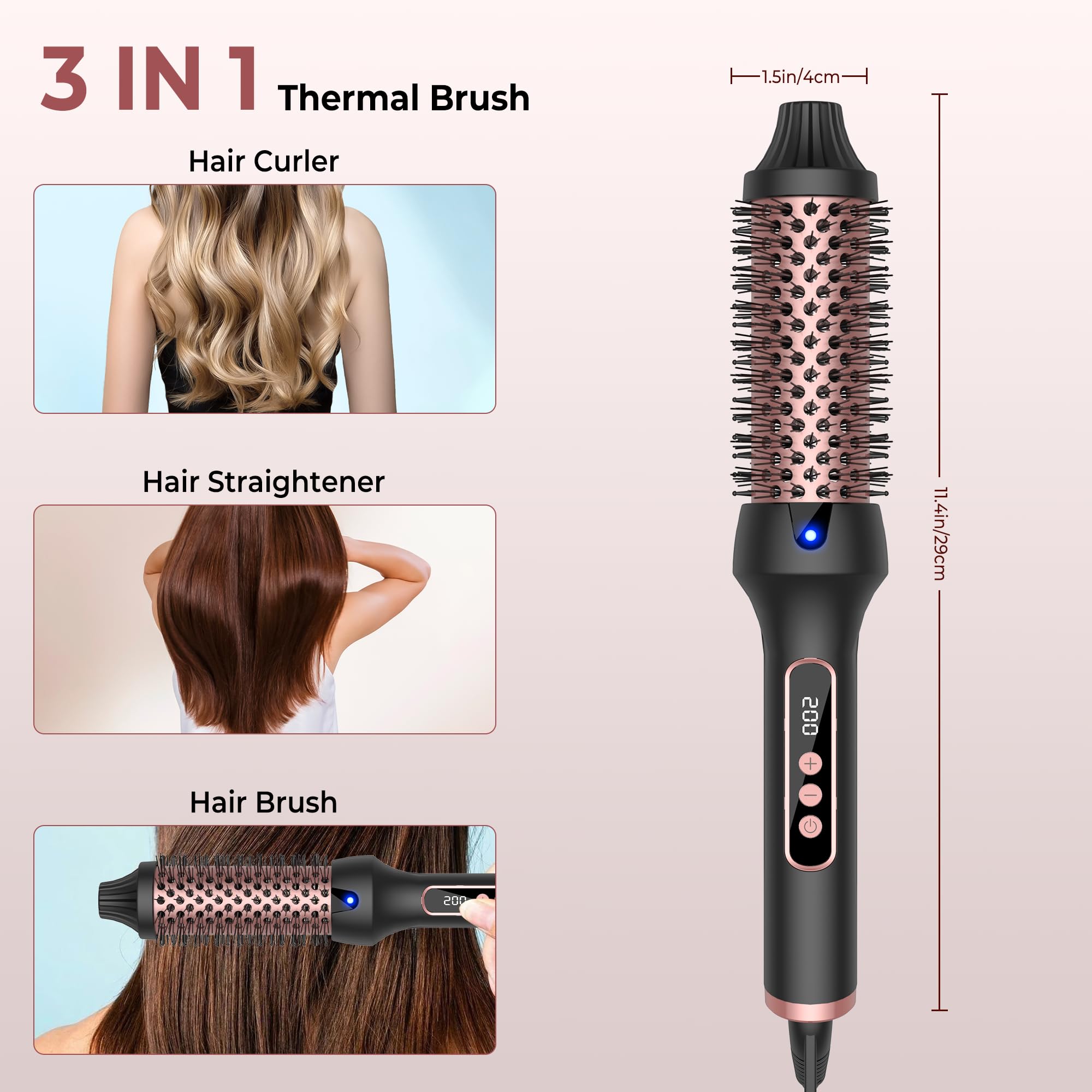 UKLISS Ionique Brosse Chauffante Coiffante Thermal Brush Écran LCD Double PTC Fer à Friser Peigne Chauffant Brosse Lissante pour Cheveux Boucleur Cheveux Lisseur Cheveux, 120-200℃, 38MM