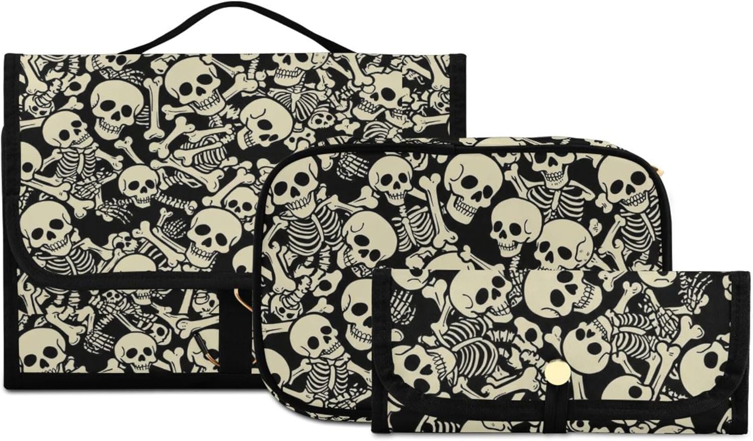 MNSRUU Gothic Toiletry Bags for Traveling, Grunge Skulls Women Makeup Bag Hanging Toiletry Bag Cosmetic Bag 3 Pack Portable Clear Toiletry Kit Makeup Brush Bag Organization and Storage