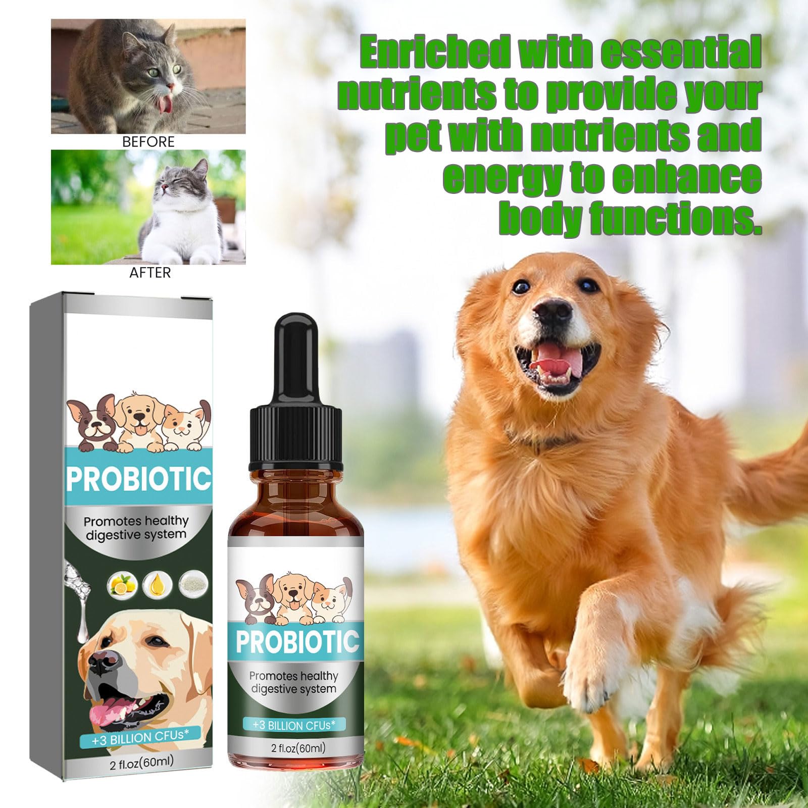 Antibiotiques pour Chats,Soulagement De Constipation pour Chats,Soulagement en Douceur De Constipation chez Les,Probiotiques Chien Chat 60ML,Dog Probiotics,Probiotiques Chien Démangeaisons
