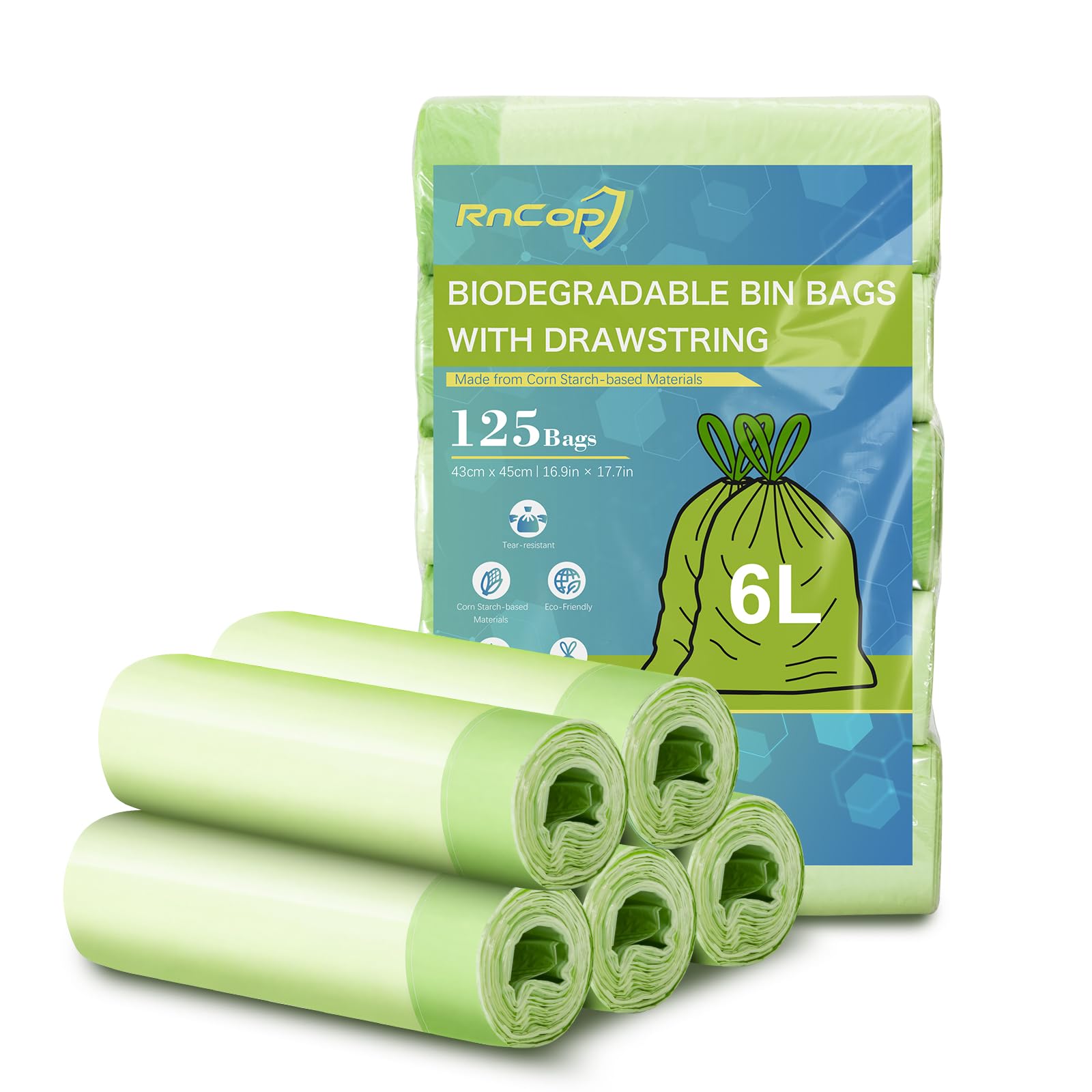 RnCop 6L Biodegradable Bin Bags with Drawstring Tie Handle, 125 counts Bin Liners Food Waste Bags Strong Trash Bags(43 x 45cm)
