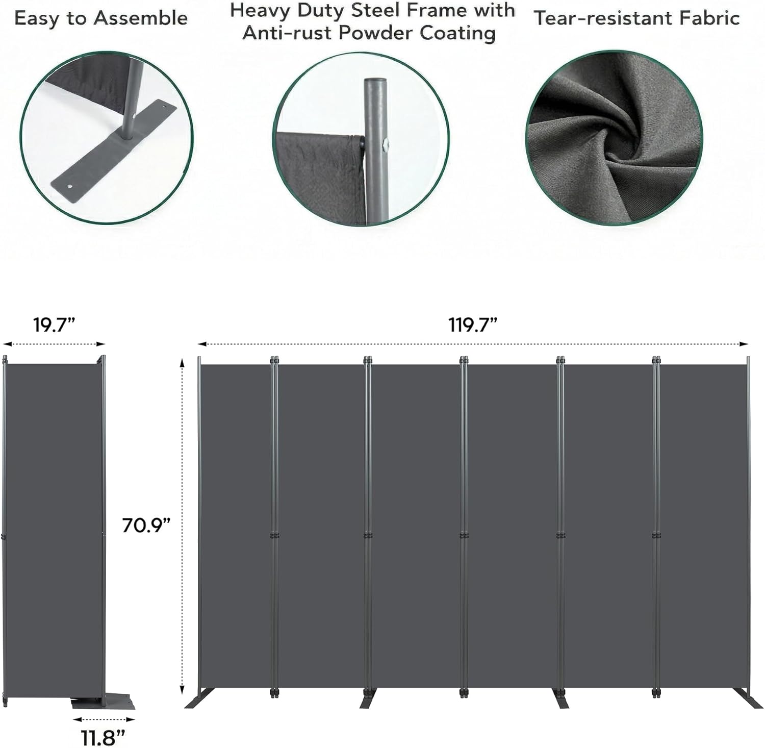 6-Panels Room Divider, 6FT Tall Freestanding Privacy Screen, Portable Partition with Non-Slip Base for Home Office, Bedroom, Studio Room Separation 120" W X 71" H Gray