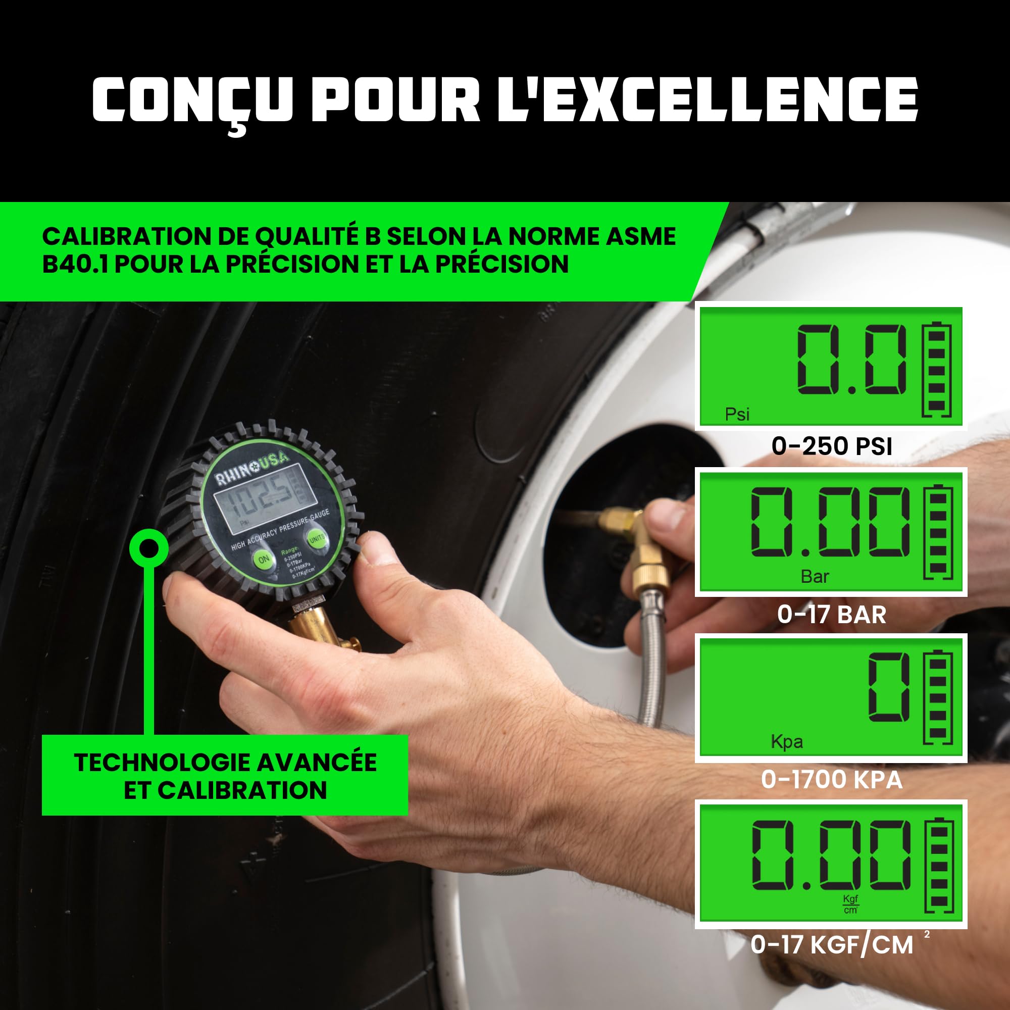 Manomètre numérique pour pneus (0-1700 kPa) – Cadran lumineux professionnel ANSI B40.7 précis – Jauge d'air robuste pour pneus de camion, voitures, semi-camions, camping-cars et plus encore.