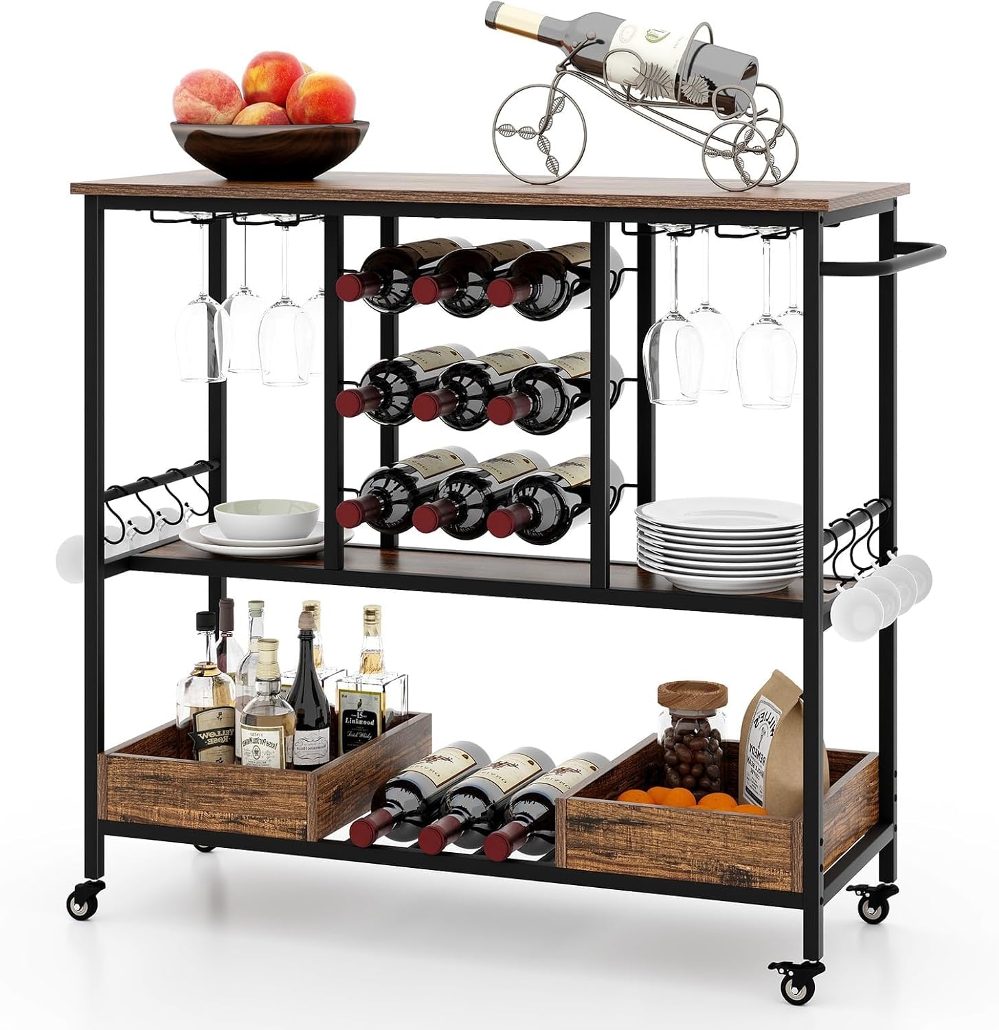 GIANTEX Carro de Servicio Industrial de 3 Niveles, Carrito de Cocina con Portavasos, Soporte para Botellas, 2 Bandejas Inferiores, Ruedas Universales con Cerradura para Comedor (Marrón)
