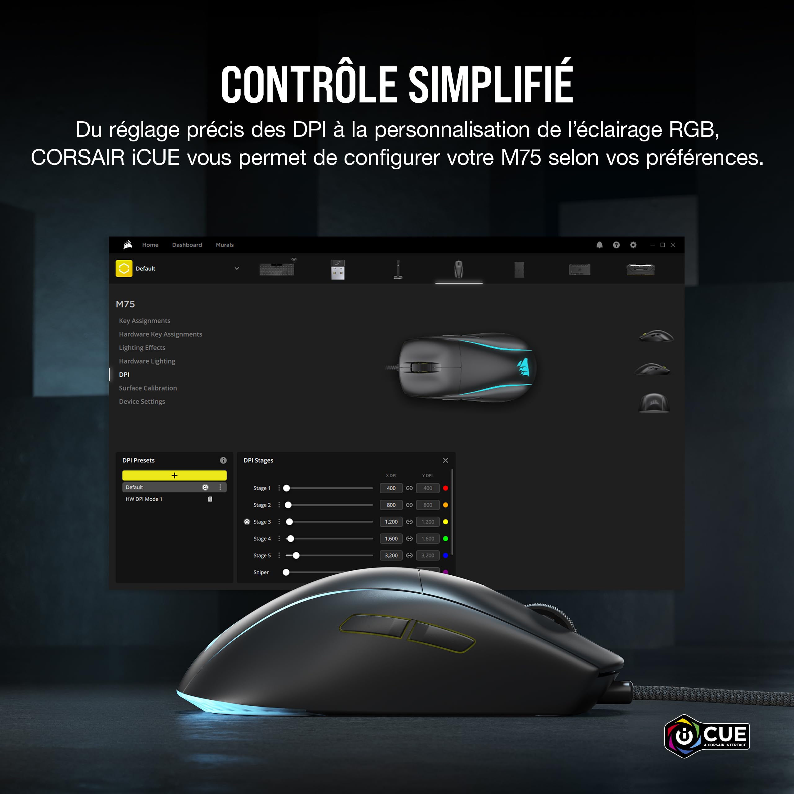 Corsair M75 Wired RGB Souris de Jeu FPS Légère – 26 000 DPI – Boutons Latéraux Interchangeables – PC – Noir