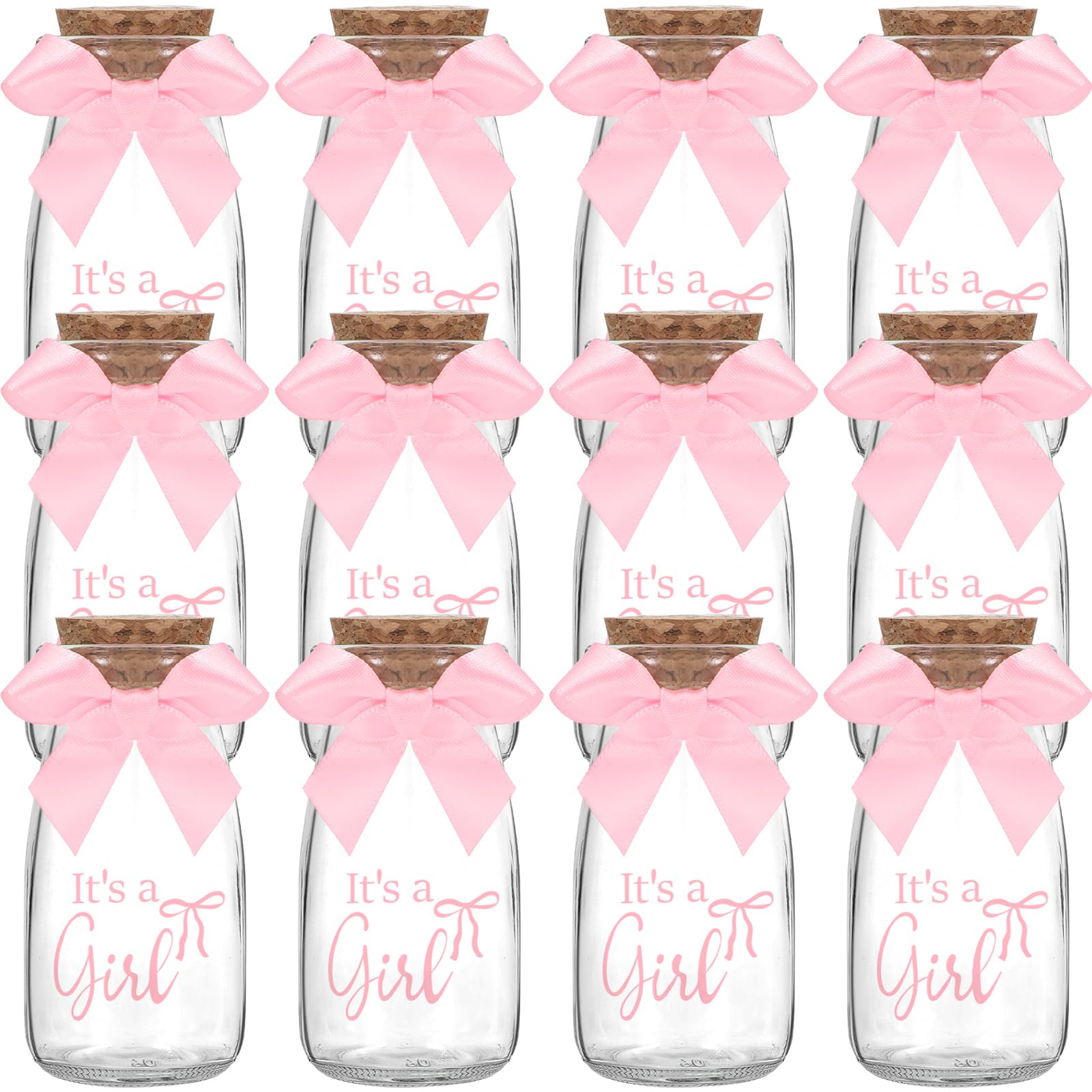JarThenaAMCS 36Pcs It' s A Girl Glass Bottles with Pink Bows Baby Shower Favors for Guests Glass Favor Jars with Cork Lids and Thank You Stickers for