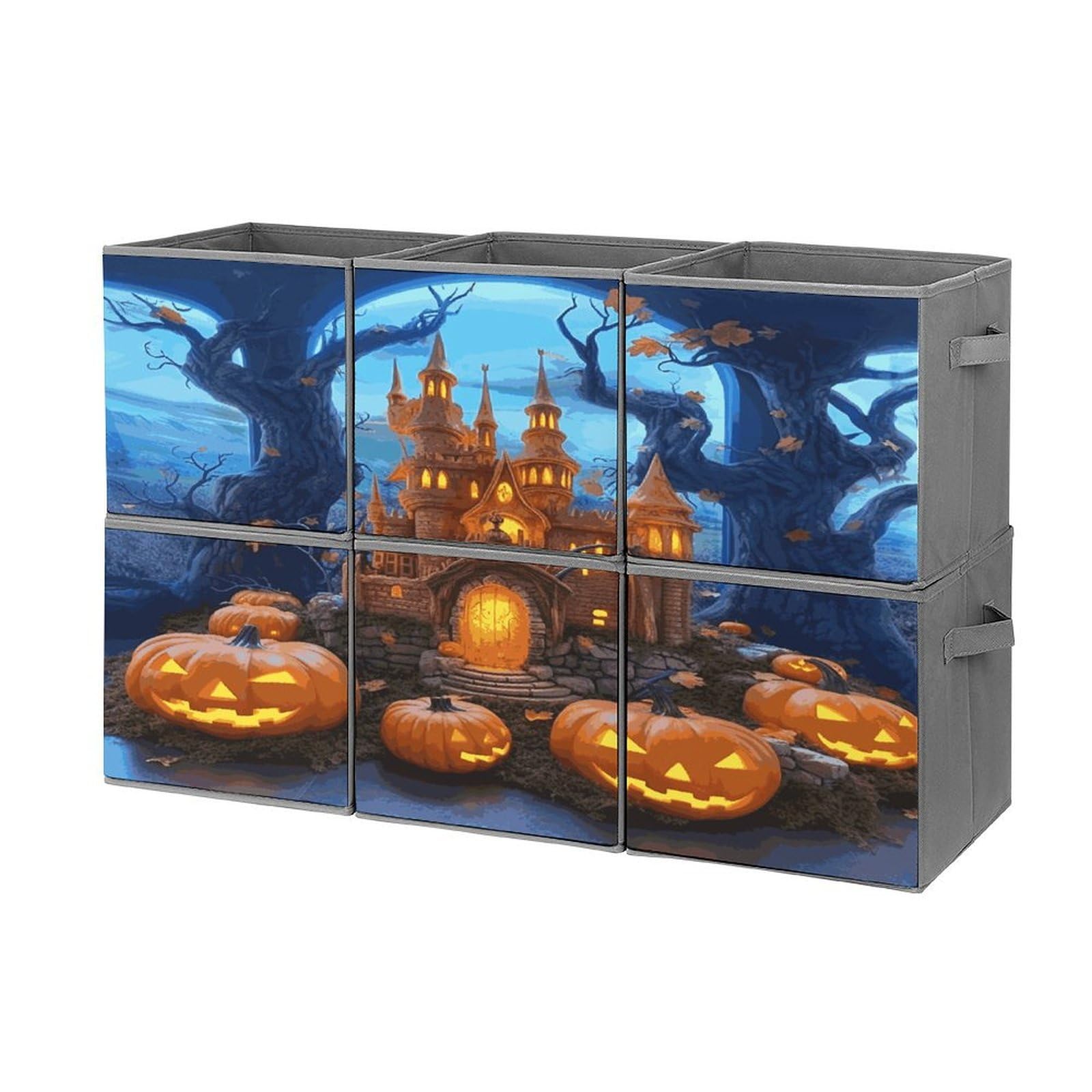Btcowzrv Style Halloween Castle Pumpkin Storage Cubes, 6 Pack Oxford Fabric Foldable Collapsible Bins With Handles, Cubby Storage Baskets Boxes For Closet Shelves Office Organization
